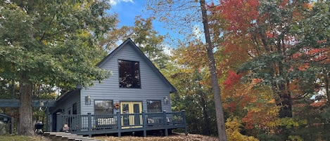 A cabin with a porch and steps leading up to it, surrounded by trees and fallen leaves.