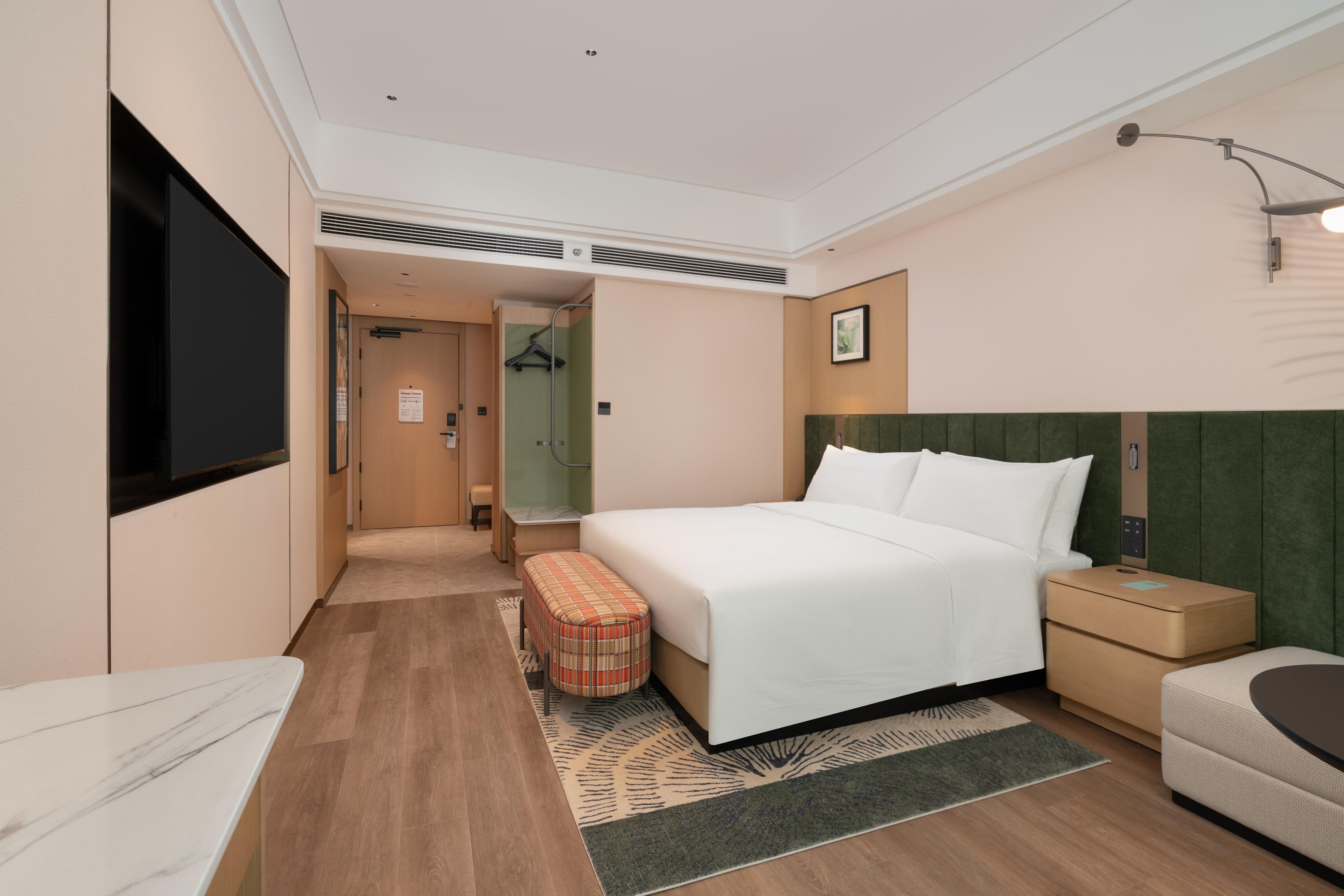Habitación de hotel con cama, mesita de noche, silla, televisor, zona de ducha y puerta.