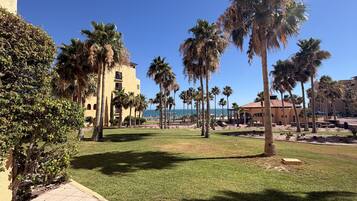 A courtyard with palm trees, a tiled walkway, and a building with a yellow facade.