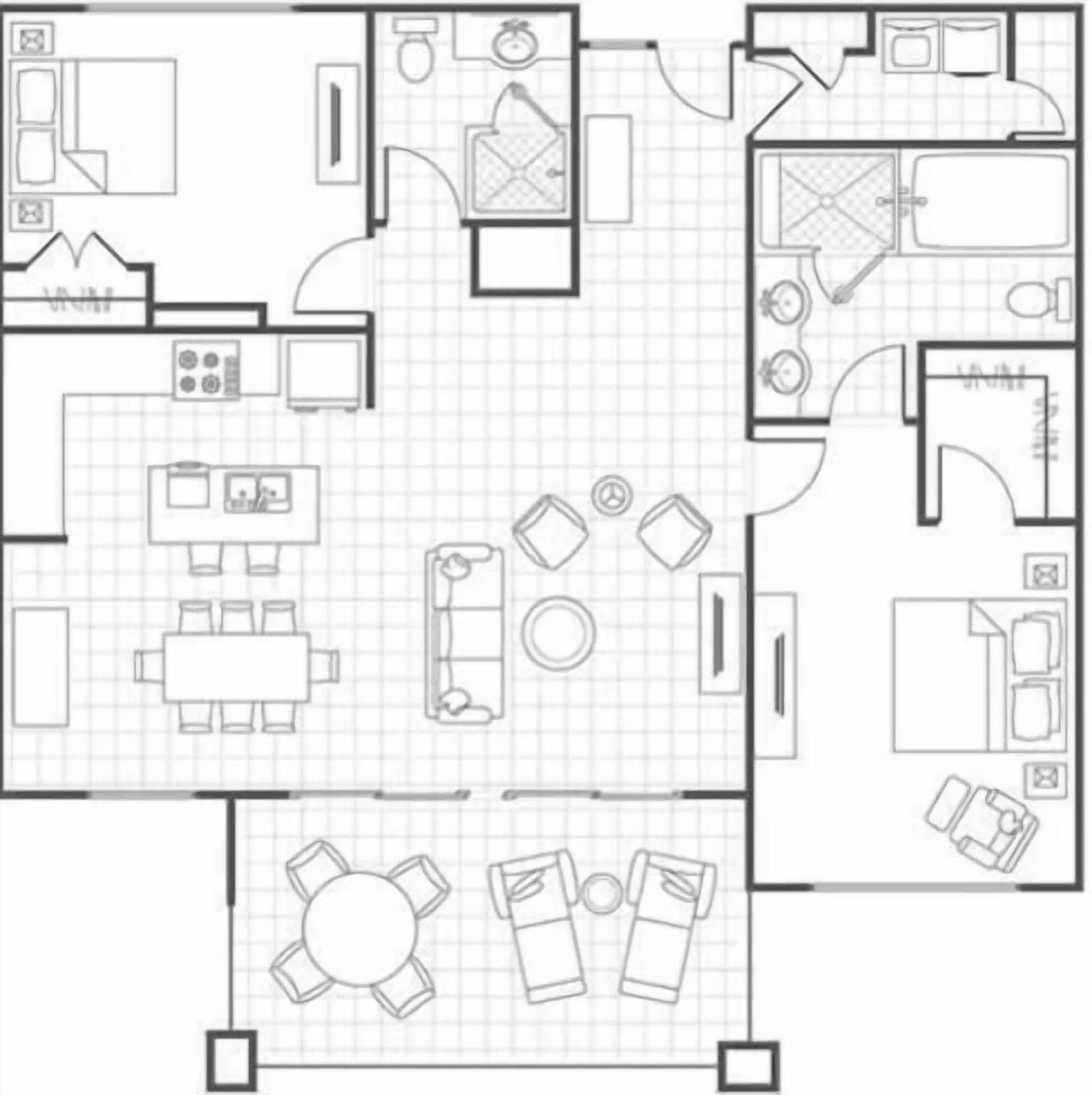A hotel floor plan with a dining area, kitchen, two bedrooms, and a bathroom.