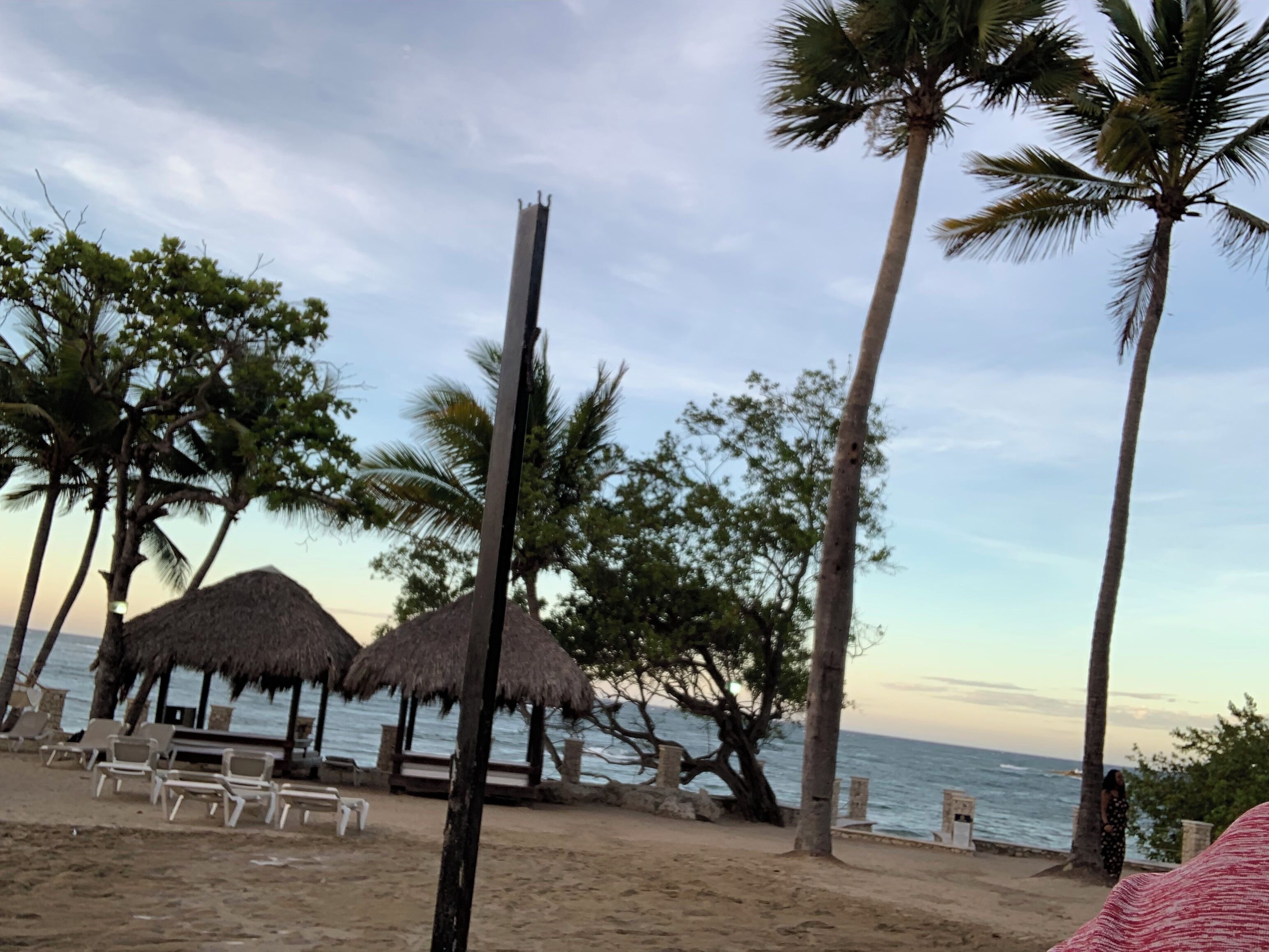 A beach with thatched umbrellas, palm trees, and lounge chairs.