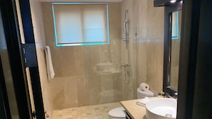 A modern bathroom with a glass shower enclosure, a toilet, a sink with a large mirror, and a towel rack. - Royal Villa Spacious 4-bedroom house in tranquil Puerto Plata. January 22-28th (Puerto Plata)