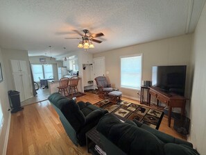 A spacious living room with a green sofa, a television, and a ceiling fan.