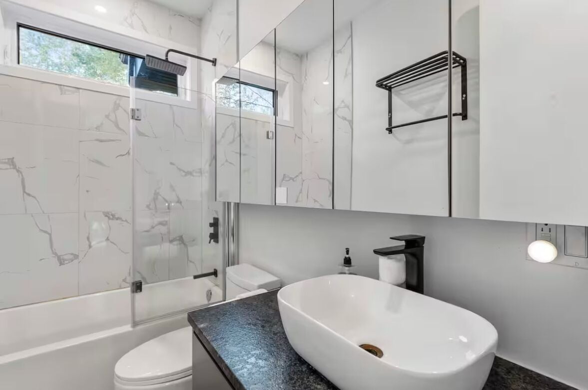 Hair dryer, towels, toilet paper