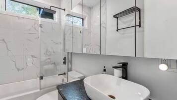 Hair dryer, towels, toilet paper
