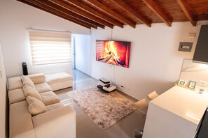 Ein Wohnzimmer mit einer Couch, einem flachbildfernseher an der Wand, einem Kamin und einem Fenster mit Jalousien.