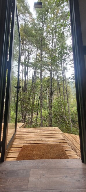 Um deck de madeira que dá para uma área arborizada, com vista para árvores altas.