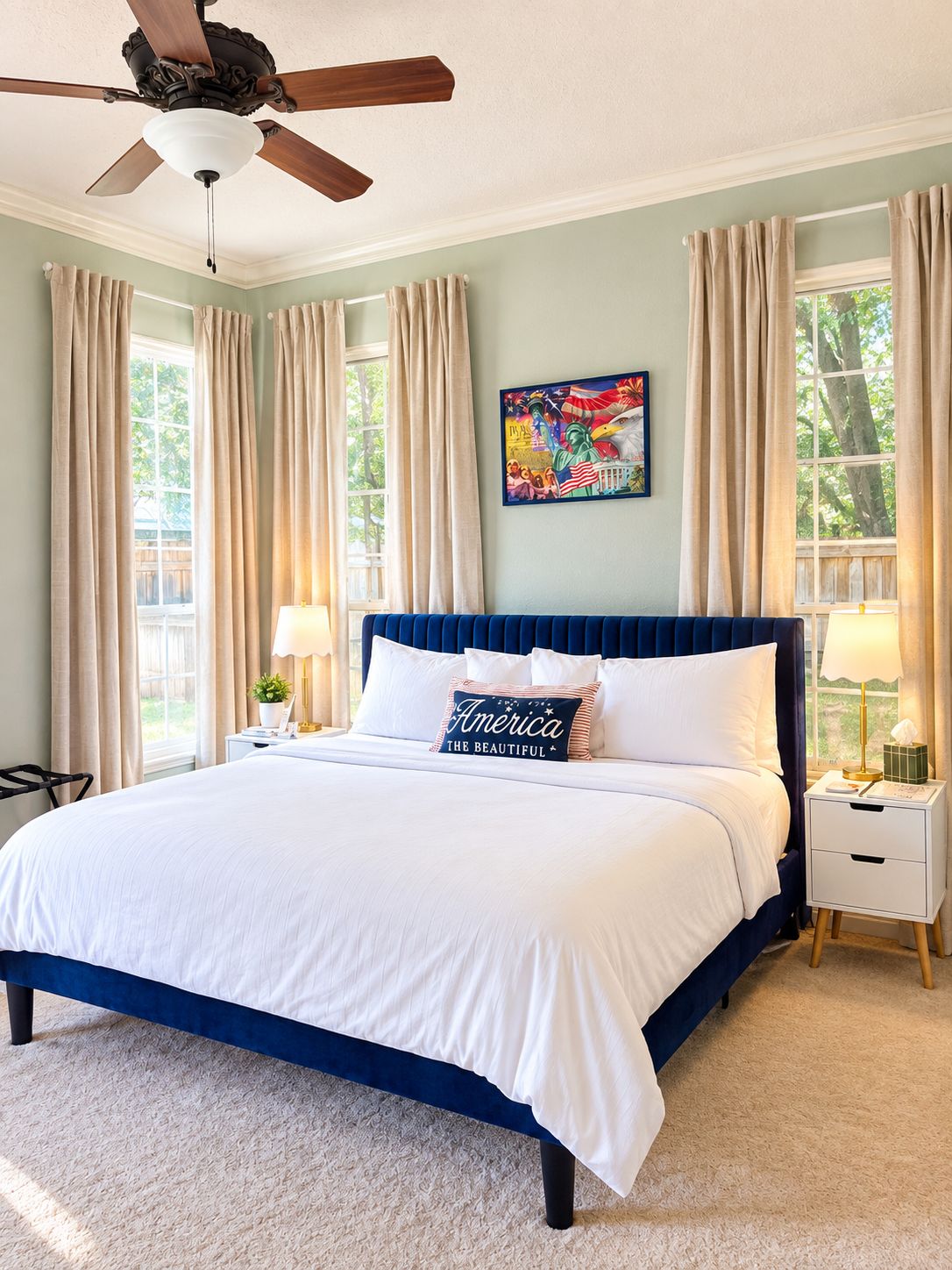 A bedroom with a bed, two bedside tables, a ceiling fan, and a window with curtains.