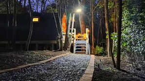 Un chemin menant à un bâtiment doté d’un escalier, le tout étant entouré d’arbres.
