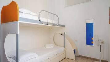 Een slaapkamer met een stapelbed, een klein bureau, een spiegel en een ventilator.