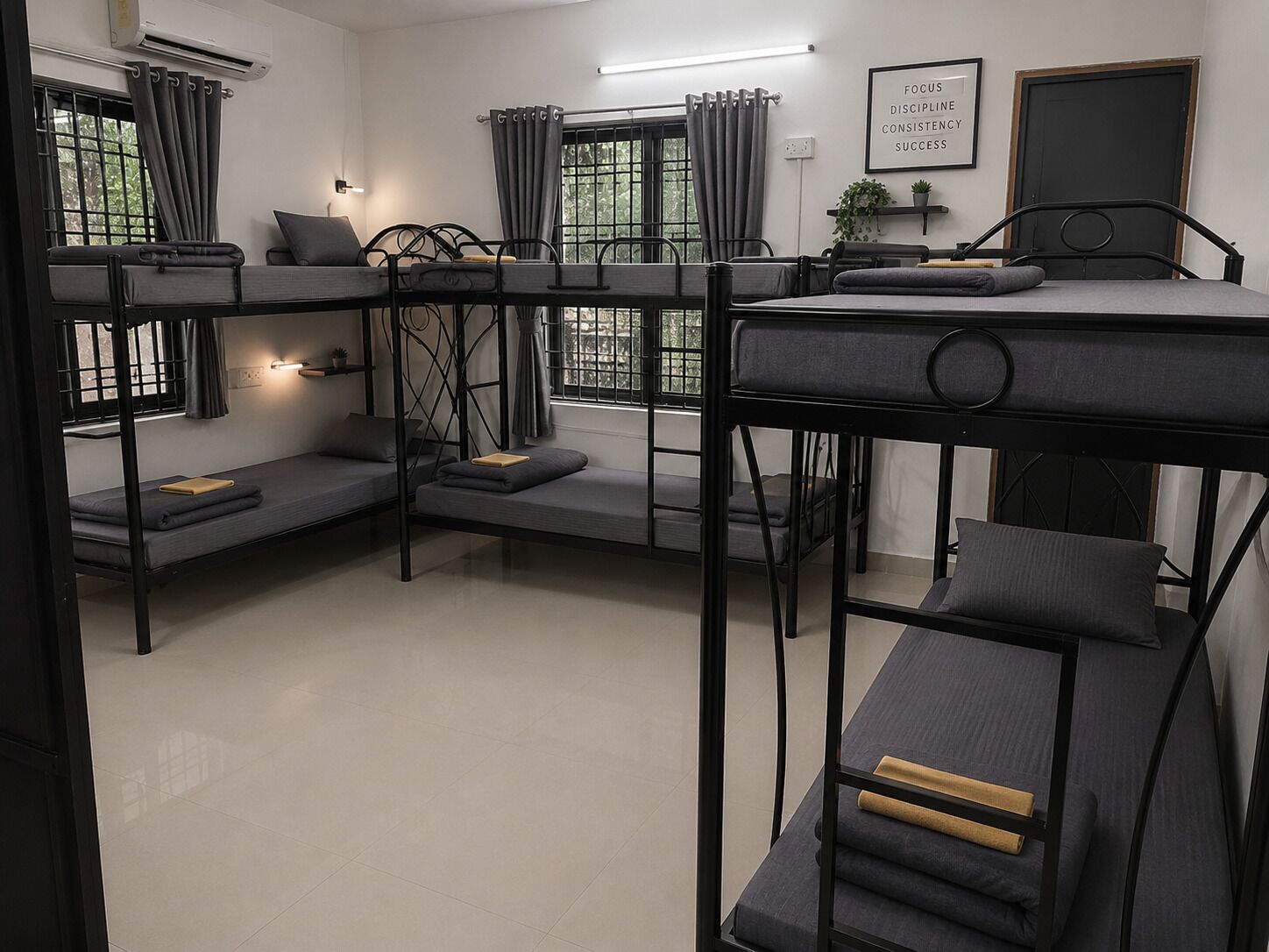 A bunk bed room with a desk, a chair, a potted plant, and a motivational quote on the wall.