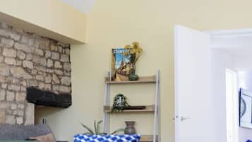 A living room with a stone wall, a bookshelf with a book titled 'Stamford Lincoln,' and a door to the right.