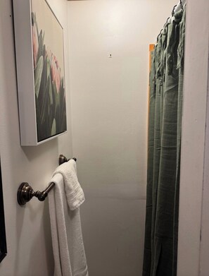 Un baño con cortina de ducha, un perchero con una toalla y un cuadro en la pared.