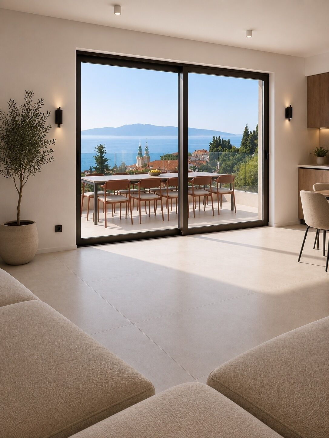 Ein modernes Interieur mit einer großen Schiebeglasdoor, die auf eine Terrassenanlage mit Meer- und Stadtblick führt.