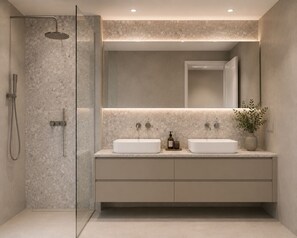 Dusche, Haartrockner, Handtücher, Toilettenpapier