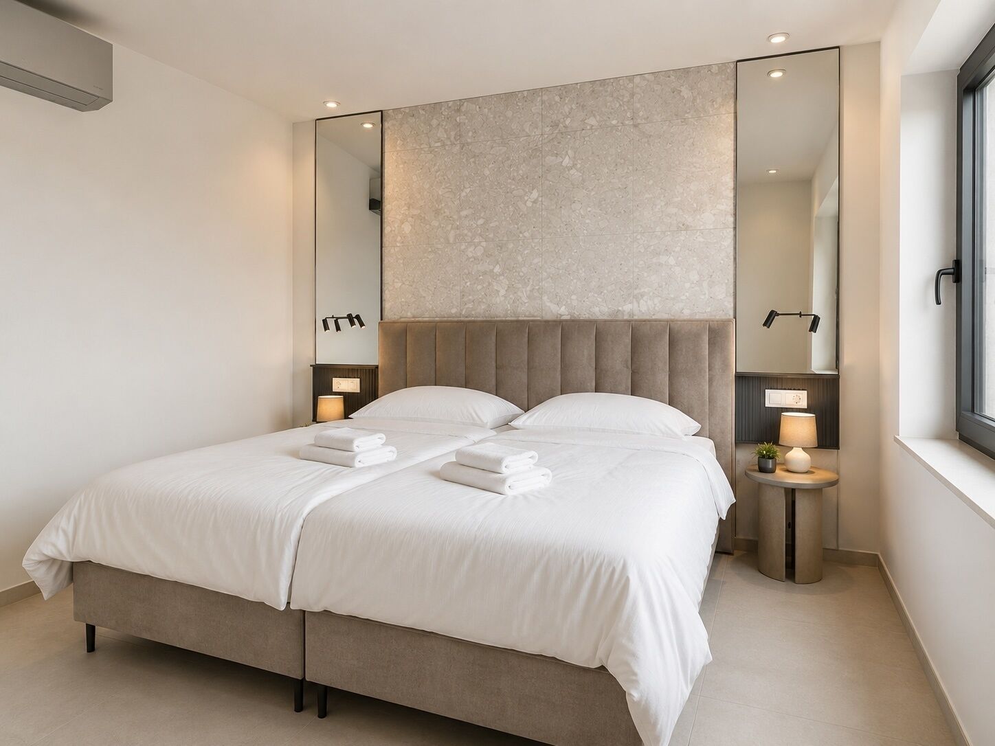 A modern bedroom with a large bed, two bedside tables with lamps, a large mirror, and a window.