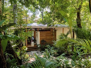 Una casa rodeada de exuberante vegetación, con estructura de madera y un jardín.
