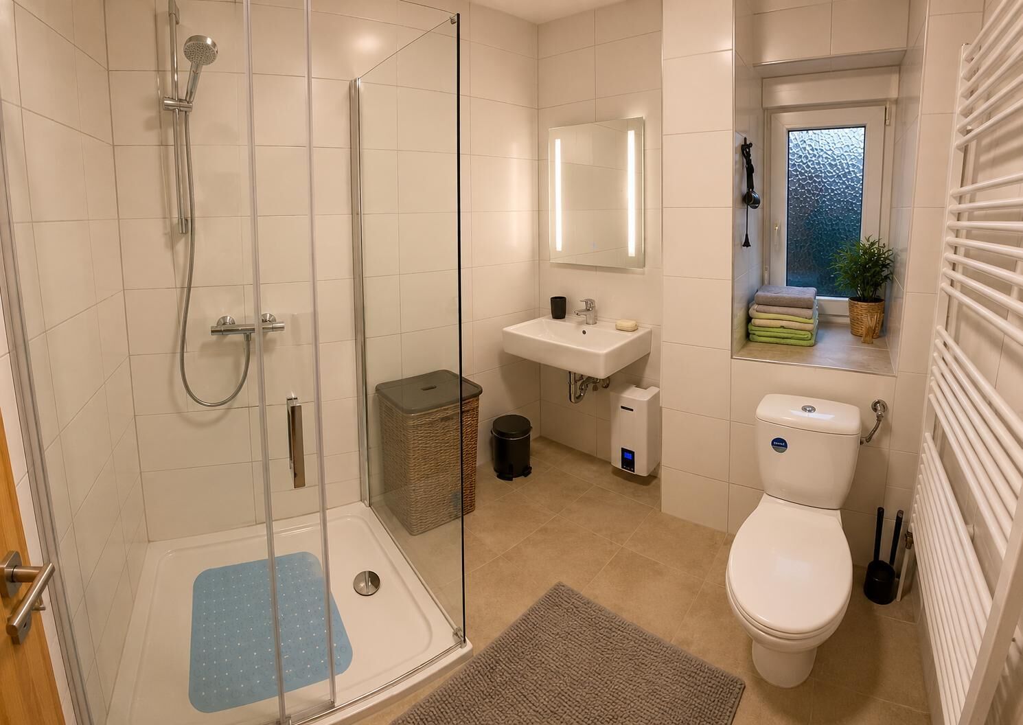 Ein modernes Badezimmer mit einer gläsernen Duschkabine, einem Waschbecken mit Spiegel darüber, einer Toilette und einem Fenster mit Aussicht.