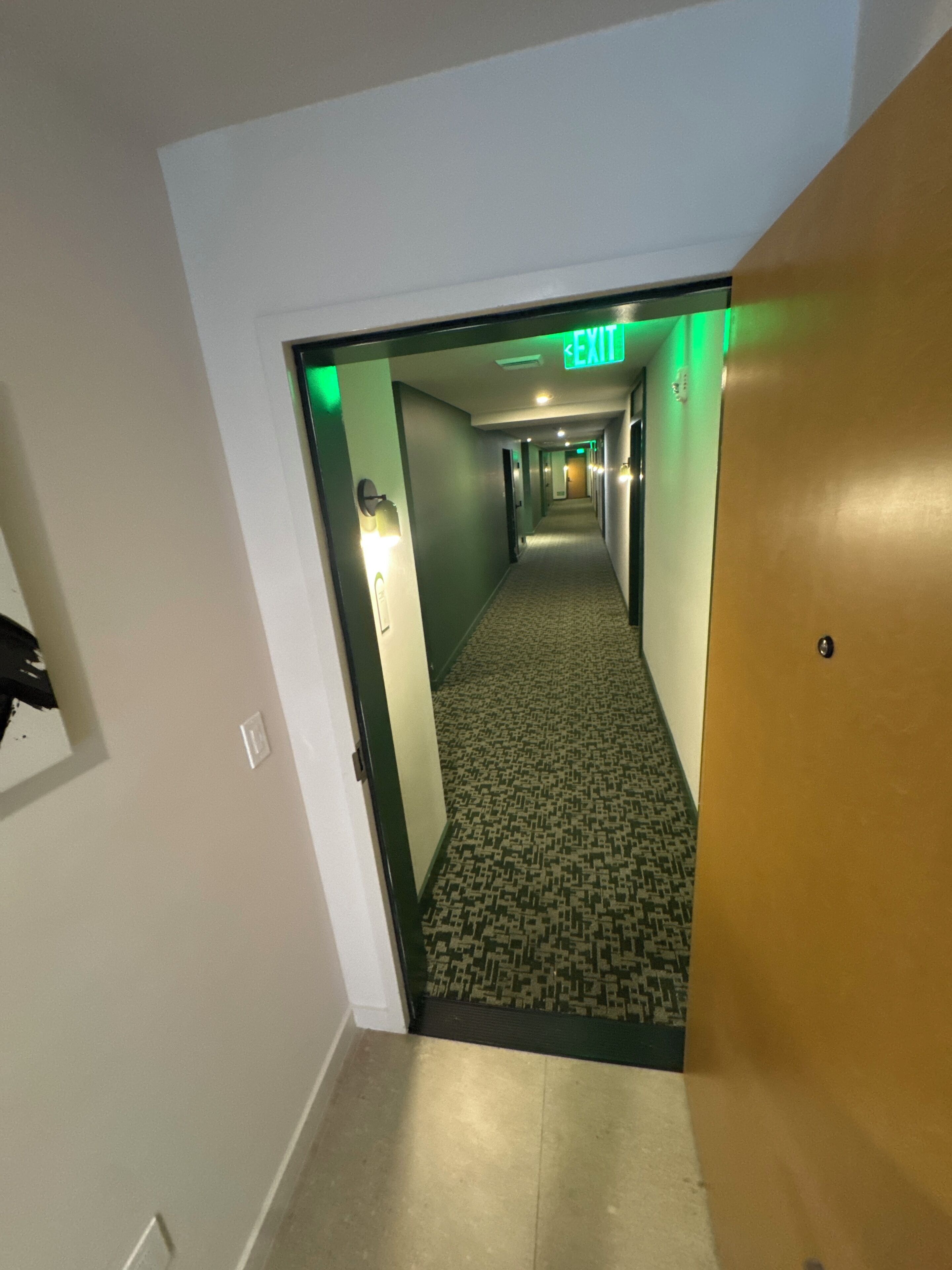 A hotel hallway with an exit sign, carpeted floor, and a door on the right.