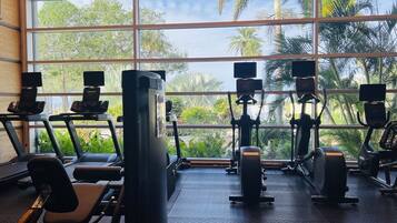 Un gimnasio con diferentes máquinas de ejercicio, amplias ventanas y vistas a palmeras.