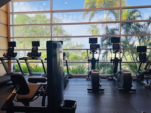 Un gimnasio con diferentes máquinas de ejercicio, amplias ventanas y vistas a palmeras.
