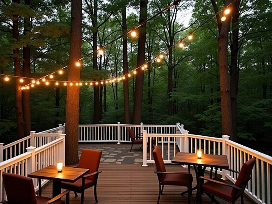 A deck with outdoor seating and string lights.