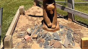 Escultura de madeira com águia e urso, em área gramada com montanhas ao fundo.