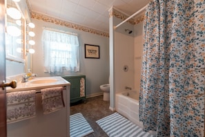 Hair dryer, towels, soap, toilet paper