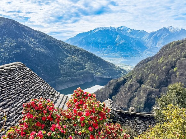 A mountainous landscape with a valley and a body of water. - Casa Serena by Interhome (Mergoscia)
