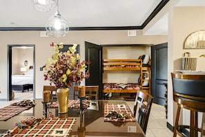 Cozy dining space with rustic style and built-in bunk beds