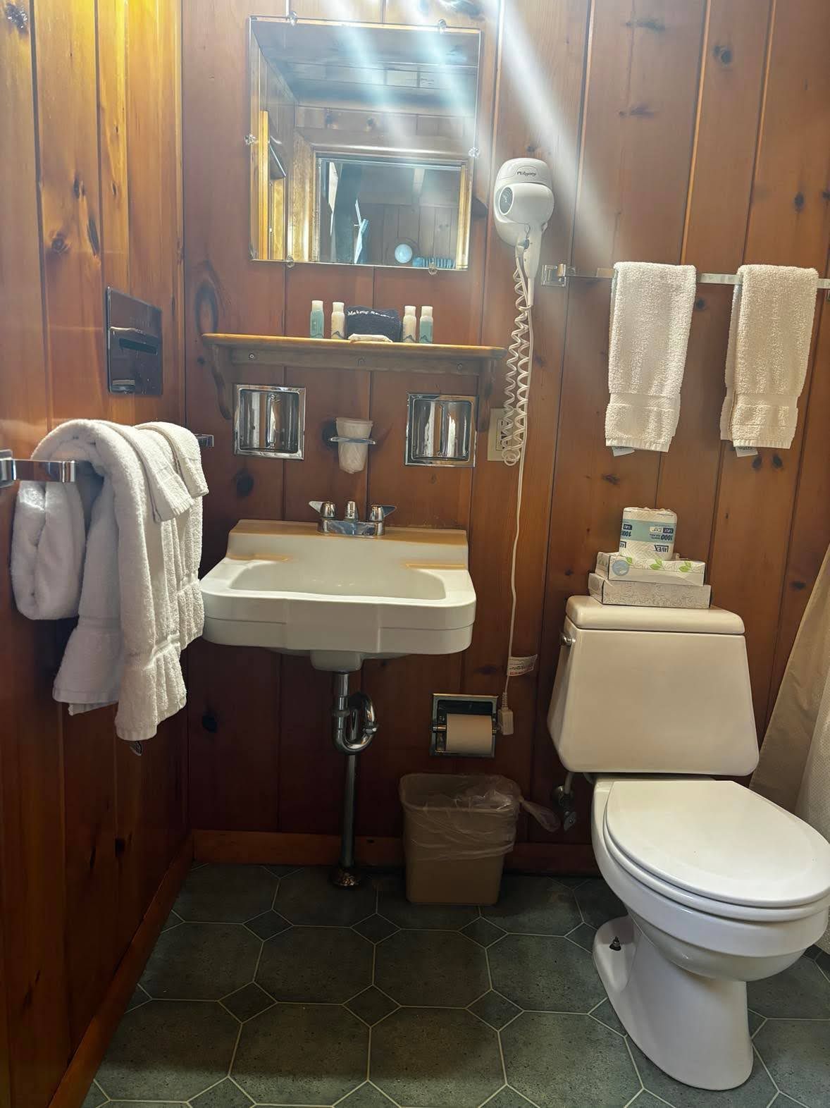Chuveiro, toalhas de banho, sabonete, shampoo
