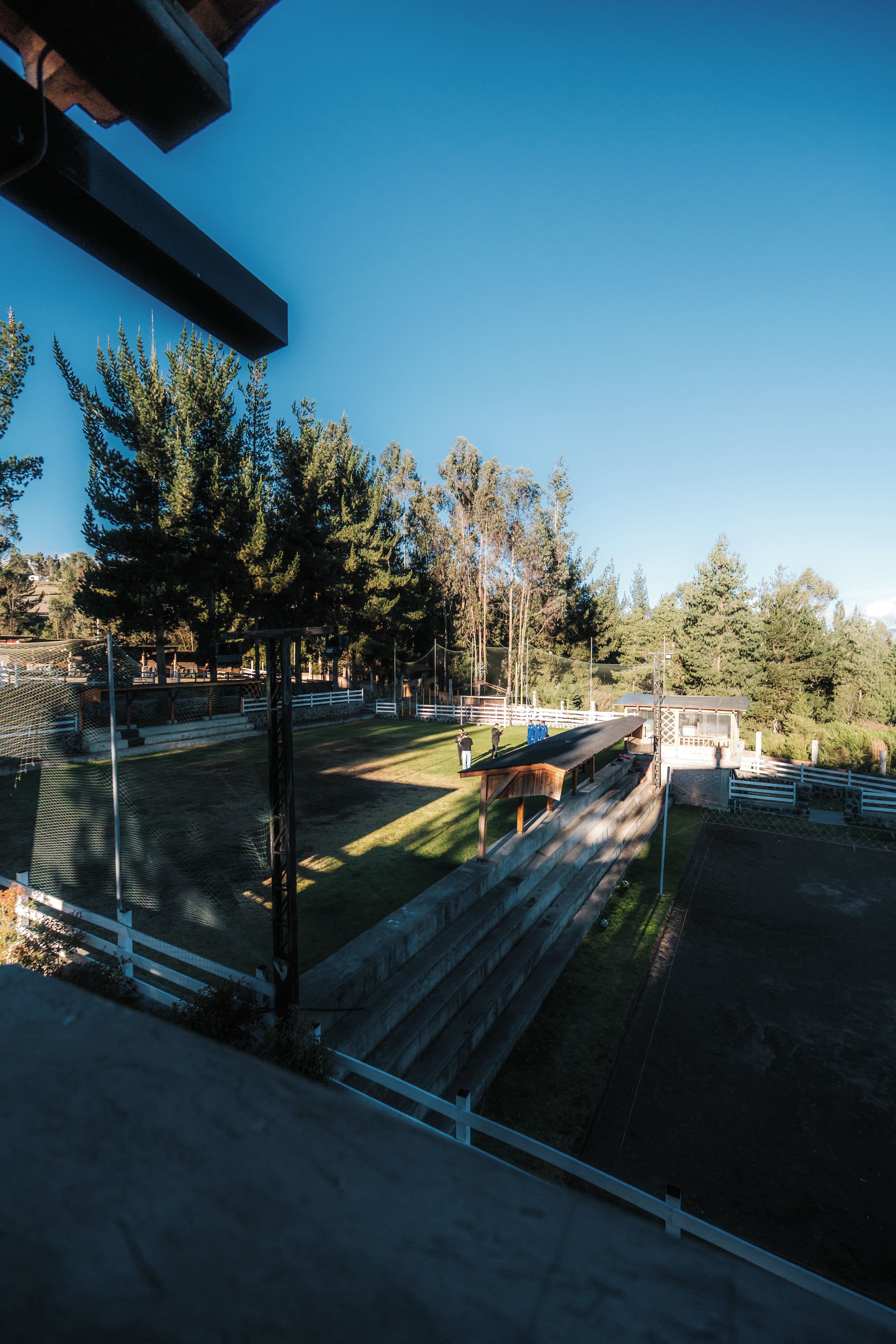 A fenced outdoor area with a grassy field, trees, and a building structure.