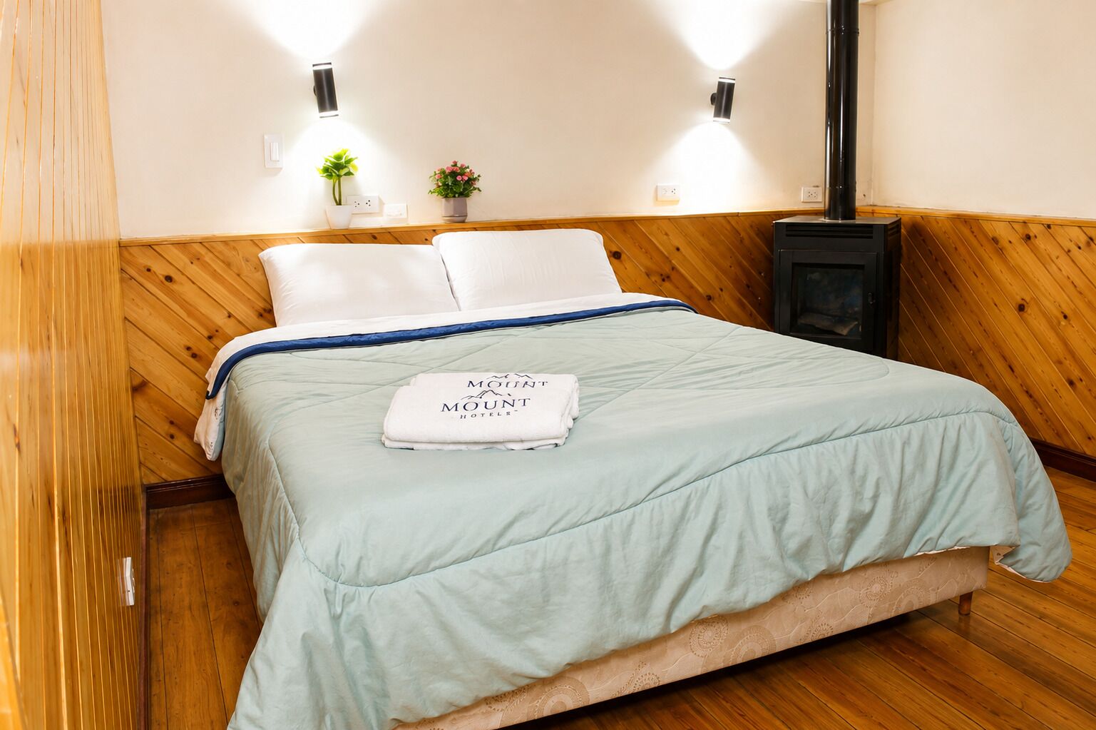 Una cama bien tendida con una colcha azul claro y una almohada blanca, una planta pequeña y un calentador fijado a la pared.