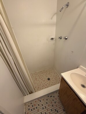 Shower, towels, soap, toilet paper