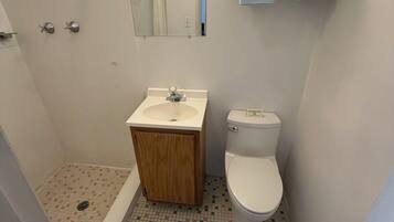 Shower, towels, soap, toilet paper