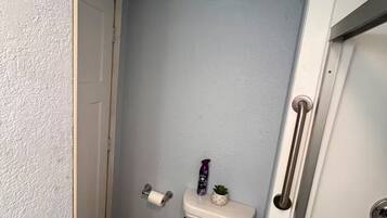 Hair dryer, towels, soap, toilet paper