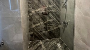 Een douche met een glazen deur, een handdouche en een wandmengkraan.