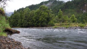 Un río serpentea por un área boscosa con una orilla rocosa.