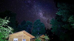 Eine Holzhütte mit freiem Blick auf den sternenklaren Nachthimmel, umgeben von Bäumen.