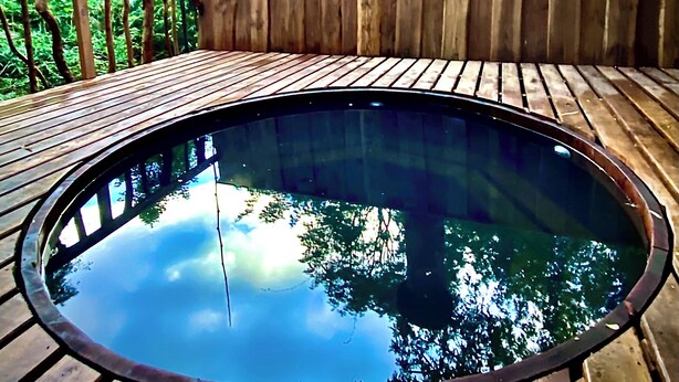 Eine Holzterrasse mit einem runden Pool, umgeben von einem Holzzaun und Bäumen.