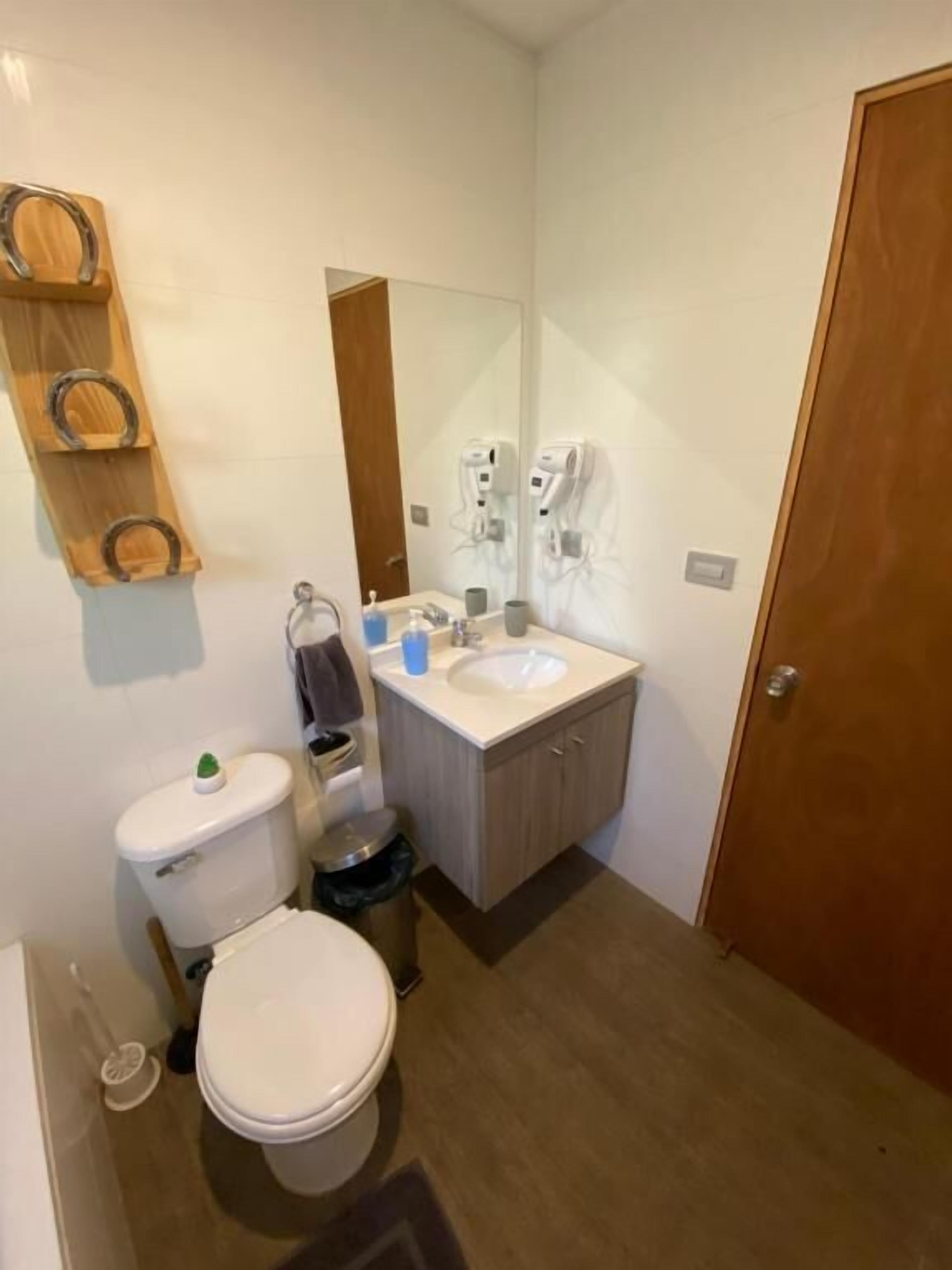 A small bathroom with a toilet, sink, and a mirror.