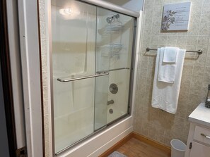 Hair dryer, towels, soap, toilet paper