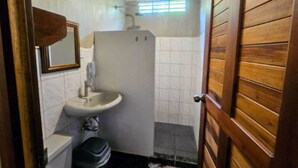 Baño con lavabo, espejo y ducha.