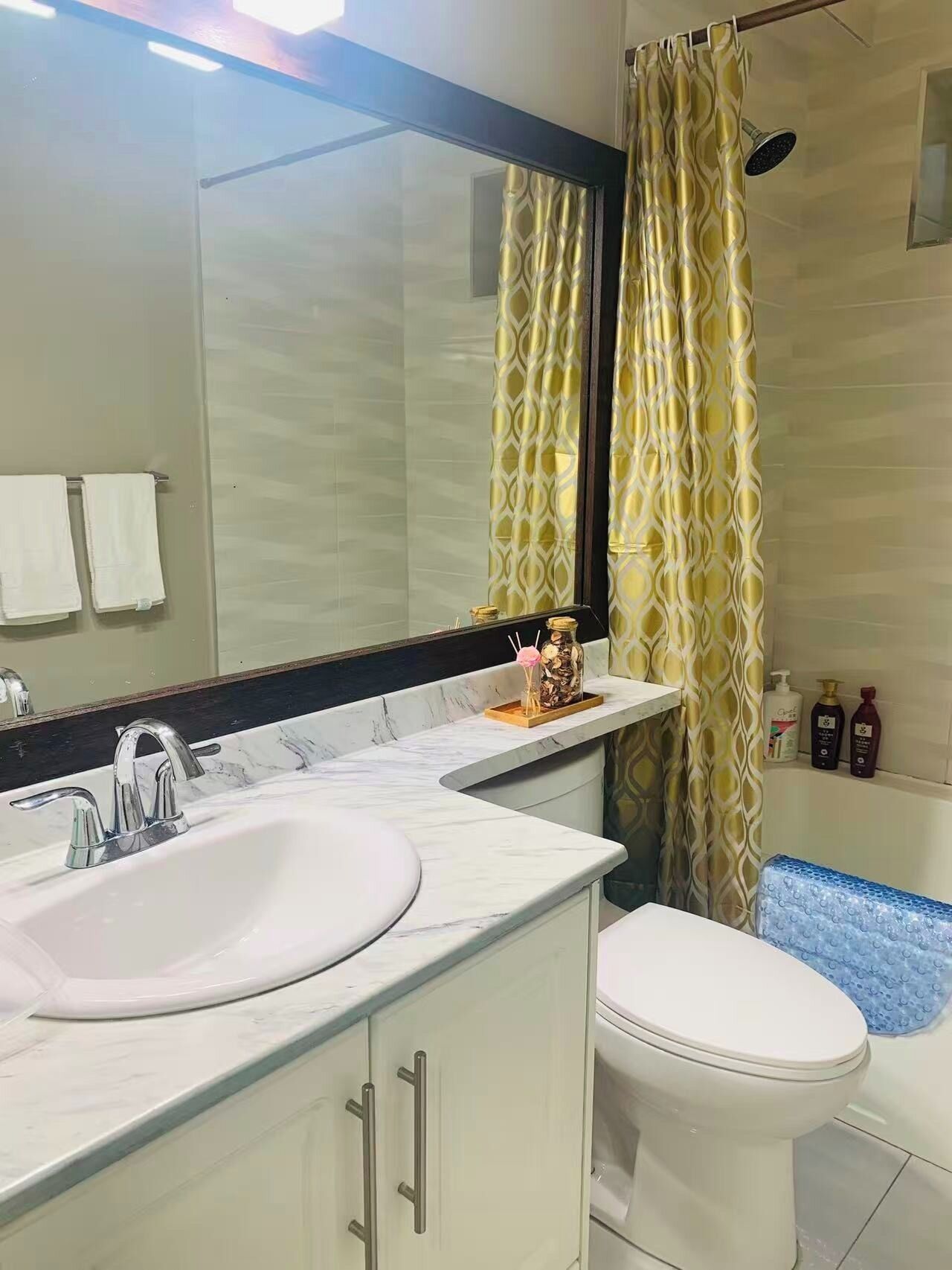 Hair dryer, towels, soap, shampoo