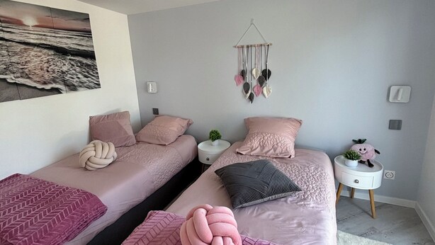 A modern bedroom with two beds, a wall-mounted artwork, a decorative hanging, and a small bedside table with a plant. - Equi Lodge: A Horse-Loving Retreat Near Disney (La Houssaye-en-Brie)