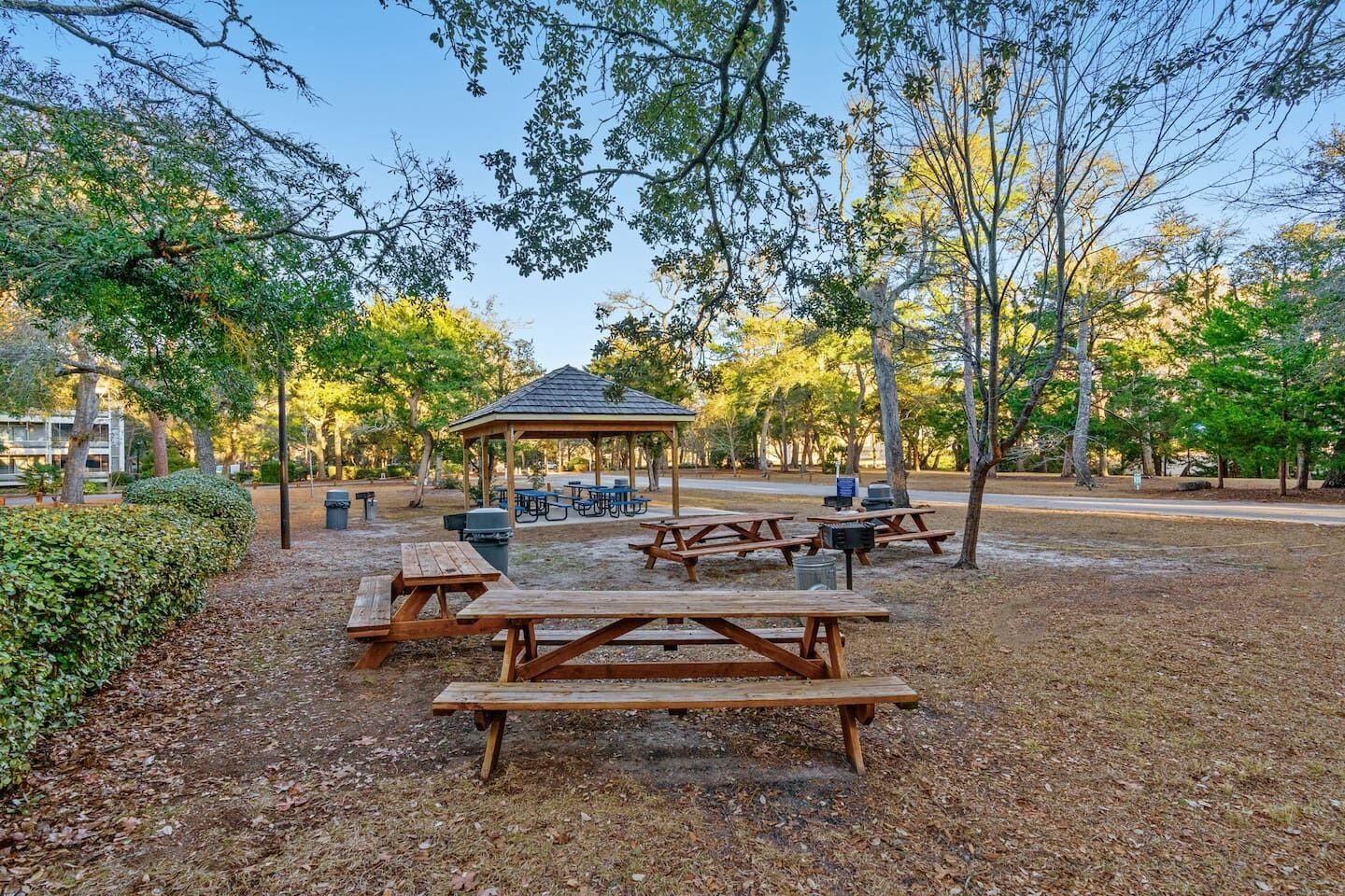 A park with picnic tables, a gazebo, and a barbecue grill.