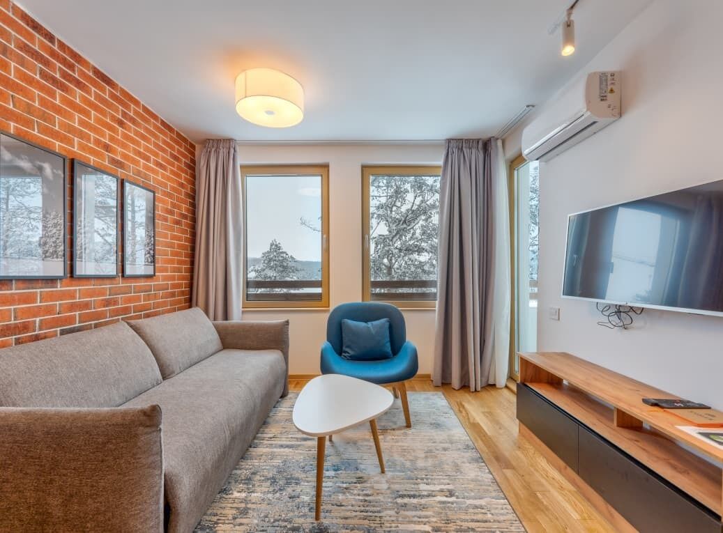 Comfort Apartment | Ruang tamu | 49 inci sebuah televisyen pintar dengan digital, lantai dipanaskan 