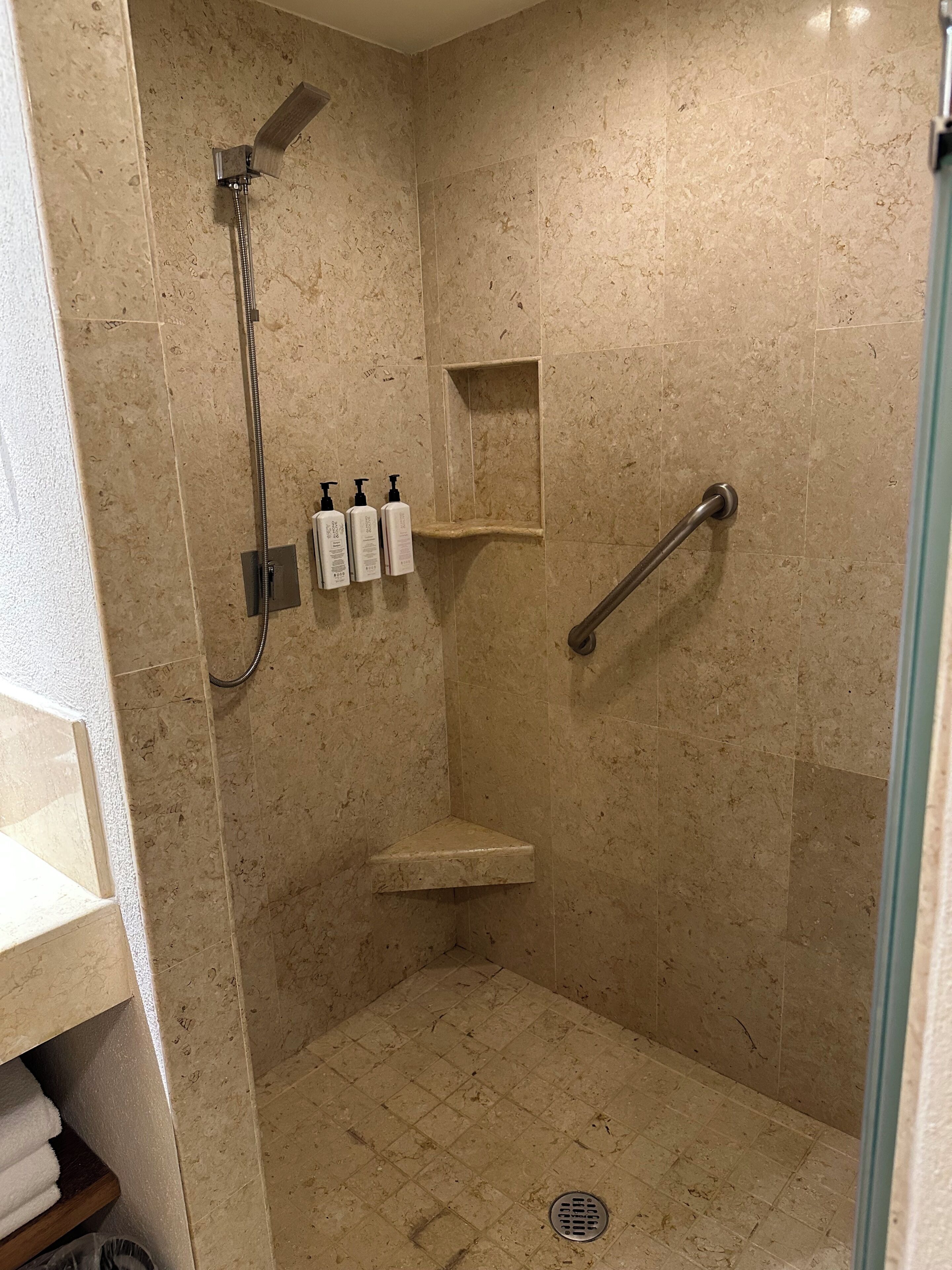 Un espace douche équipé d’un pommeau de douche à main, d’une douchette, d’une barre d’appui et d’une étagère pour les articles de toilette.