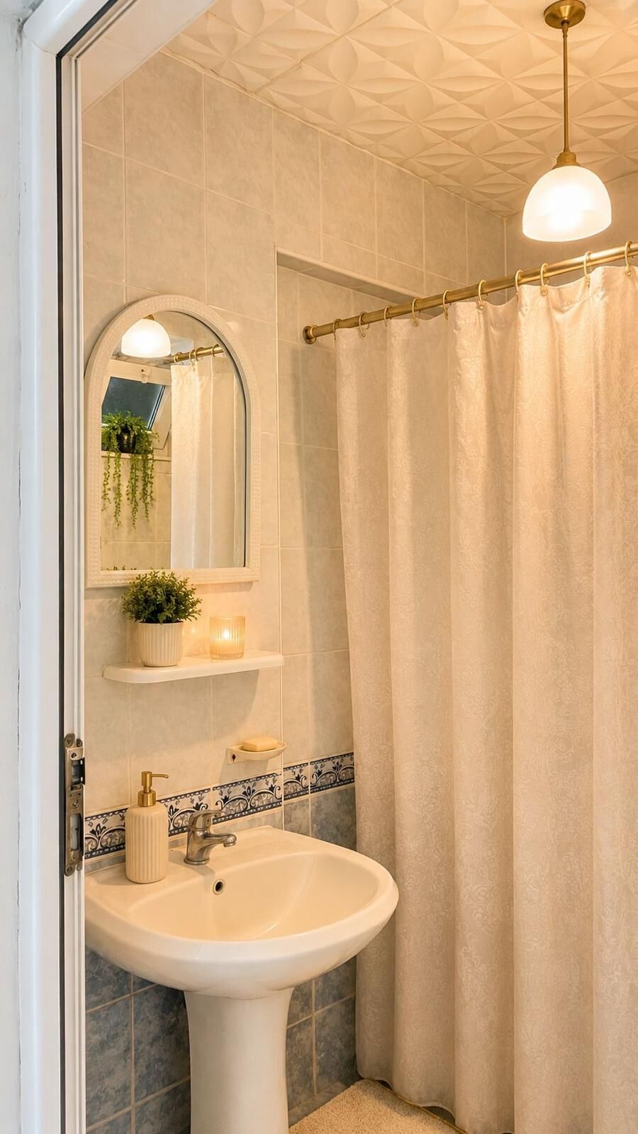 A bathroom with a white sink, a mirror, a shower curtain, and a ceiling light fixture.