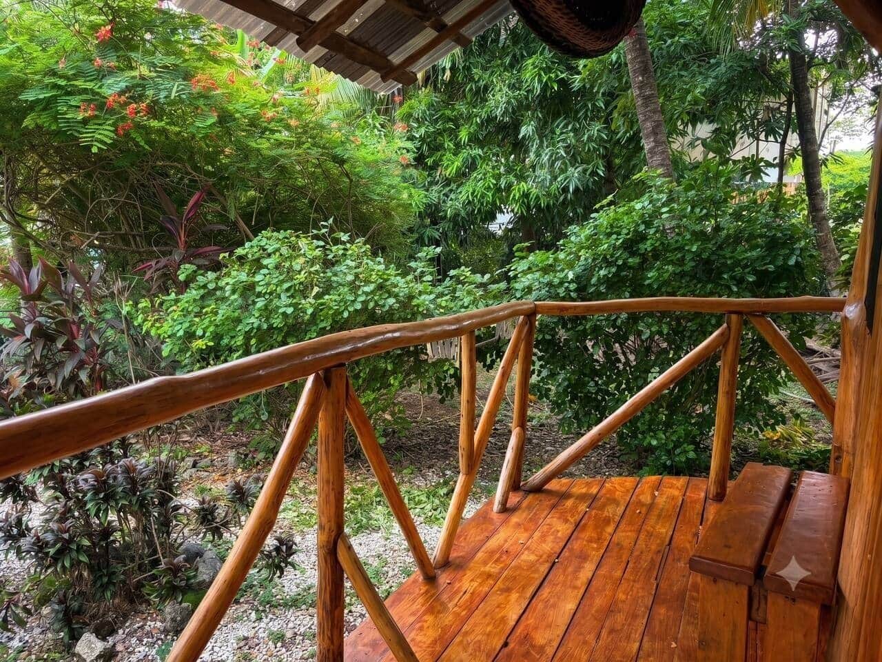 A wooden deck with a railing, surrounded by lush greenery and various plants.